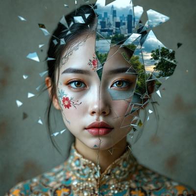 The primary subject of the image is a woman with a unique and artistic appearance. She is wearing a colorful dress and has a flower design on her face. The setting is a cityscape, with a skyline visible in the background. The visual style of the image is a combination of photo and digital art, creating a surreal and intriguing scene. The colors and mood of the image are vibrant and lively, with the woman's face and dress being the main focus of the composition.